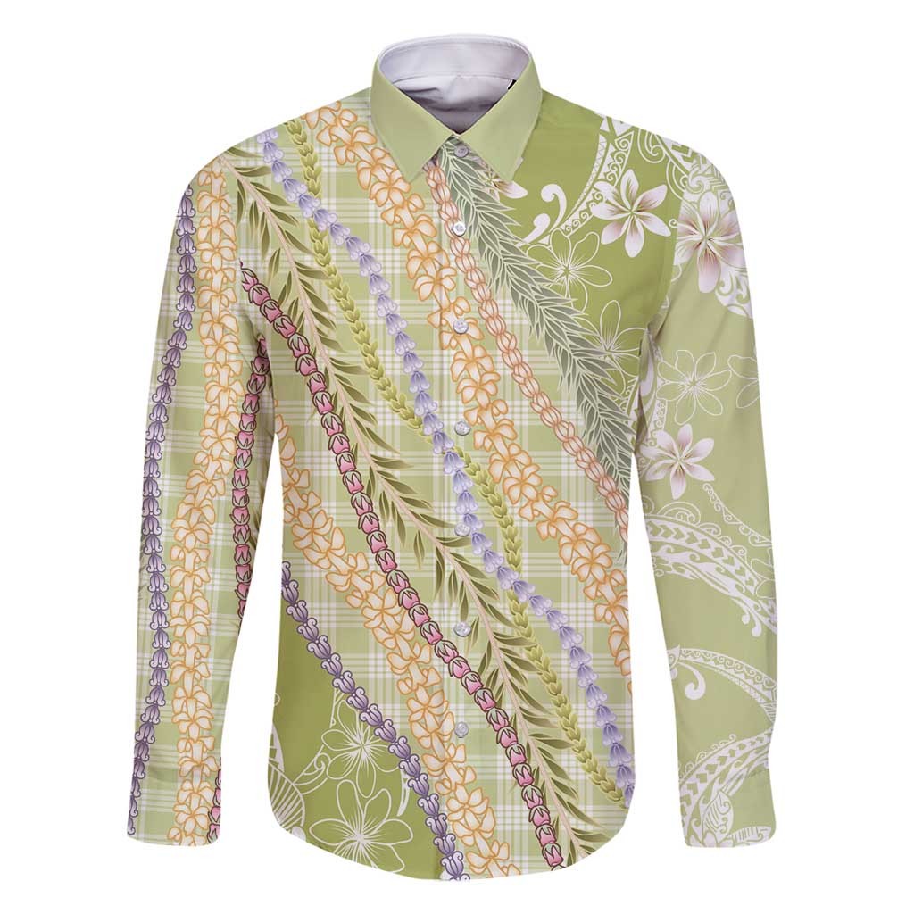 Green Palaka Hawaii Leis Family Matching Long Sleeve Bodycon Dress and Hawaiian Shirt Hawaiian-plaid Elegant Tropical Vibes - Polynesian Pride