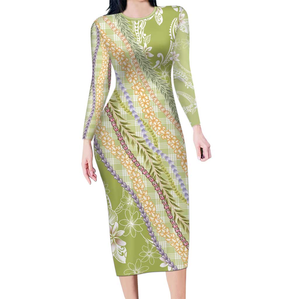 Green Palaka Hawaii Leis Family Matching Long Sleeve Bodycon Dress and Hawaiian Shirt Hawaiian-plaid Elegant Tropical Vibes - Polynesian Pride