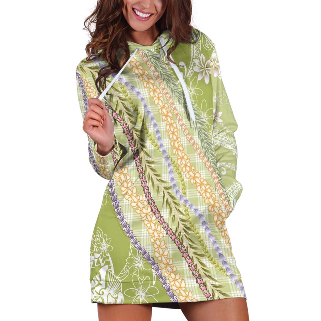 Green Palaka Hawaii Leis Hoodie Dress Hawaiian-plaid Elegant Tropical Vibes - Polynesian Pride