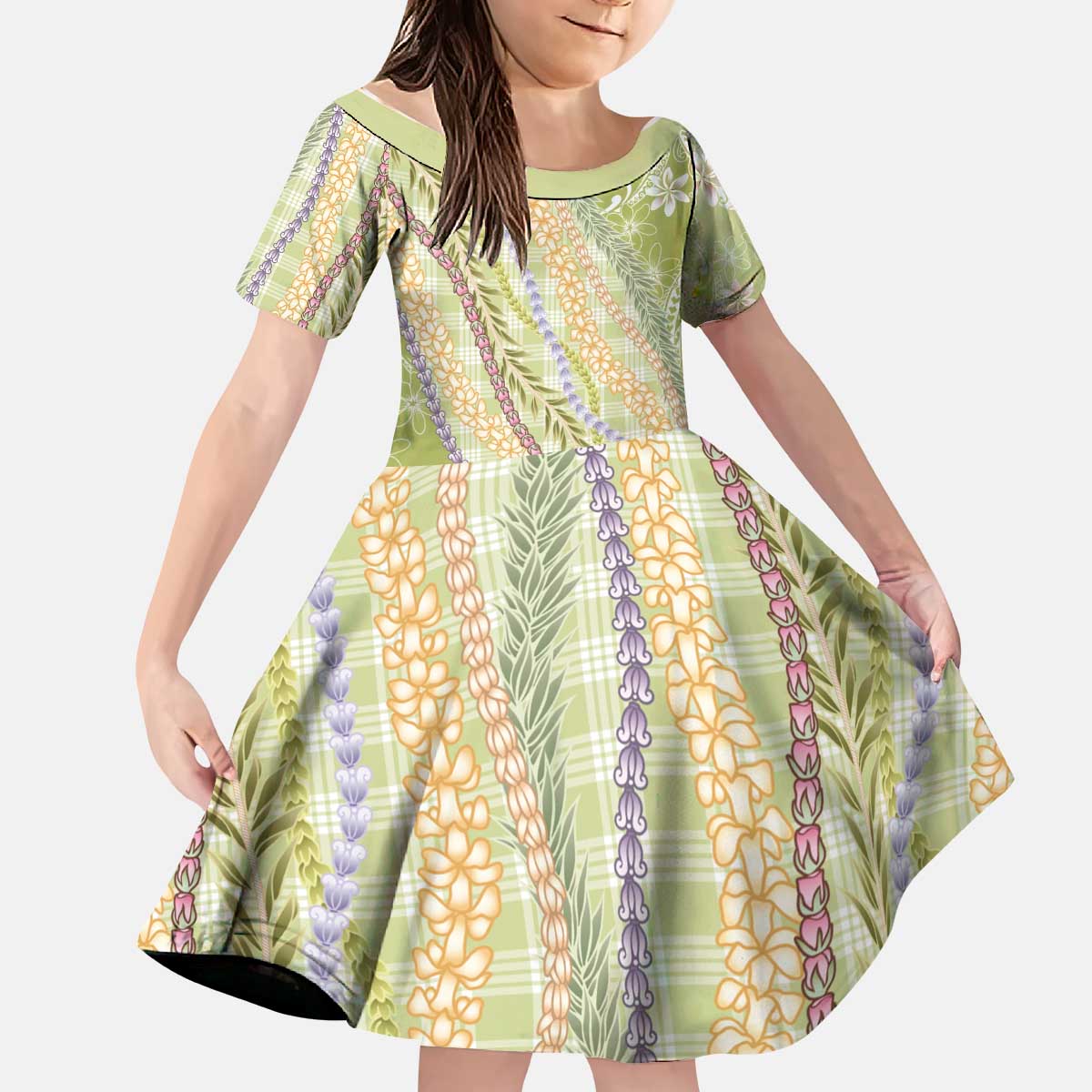 Green Palaka Hawaii Leis Kid Short Sleeve Dress Hawaiian-plaid Elegant Tropical Vibes - Polynesian Pride