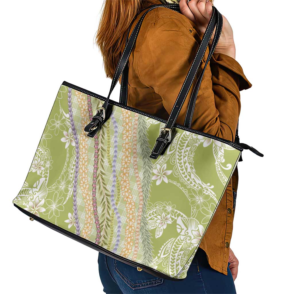 Green Palaka Hawaii Leis Leather Tote Bag Hawaiian-plaid Elegant Tropical Vibes - Polynesian Pride