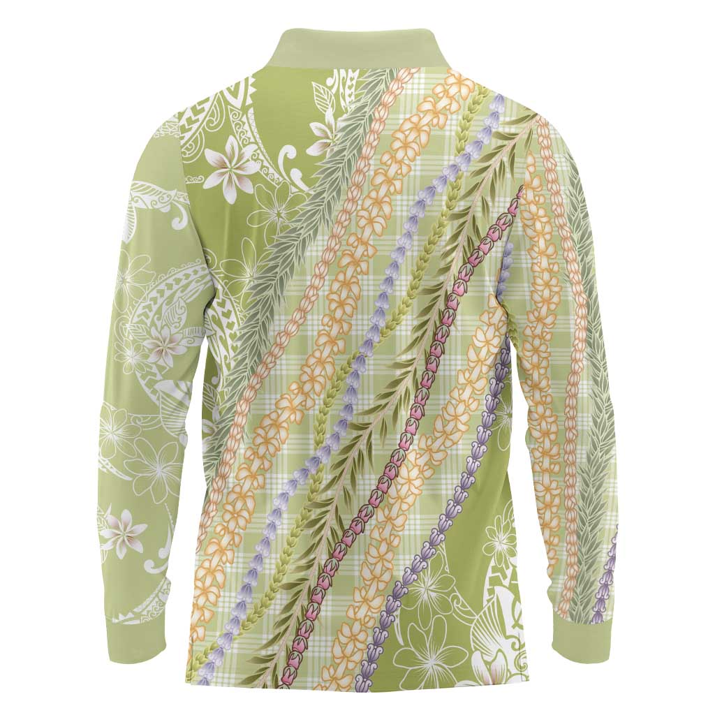 Green Palaka Hawaii Leis Long Sleeve Polo Shirt Hawaiian-plaid Elegant Tropical Vibes - Polynesian Pride