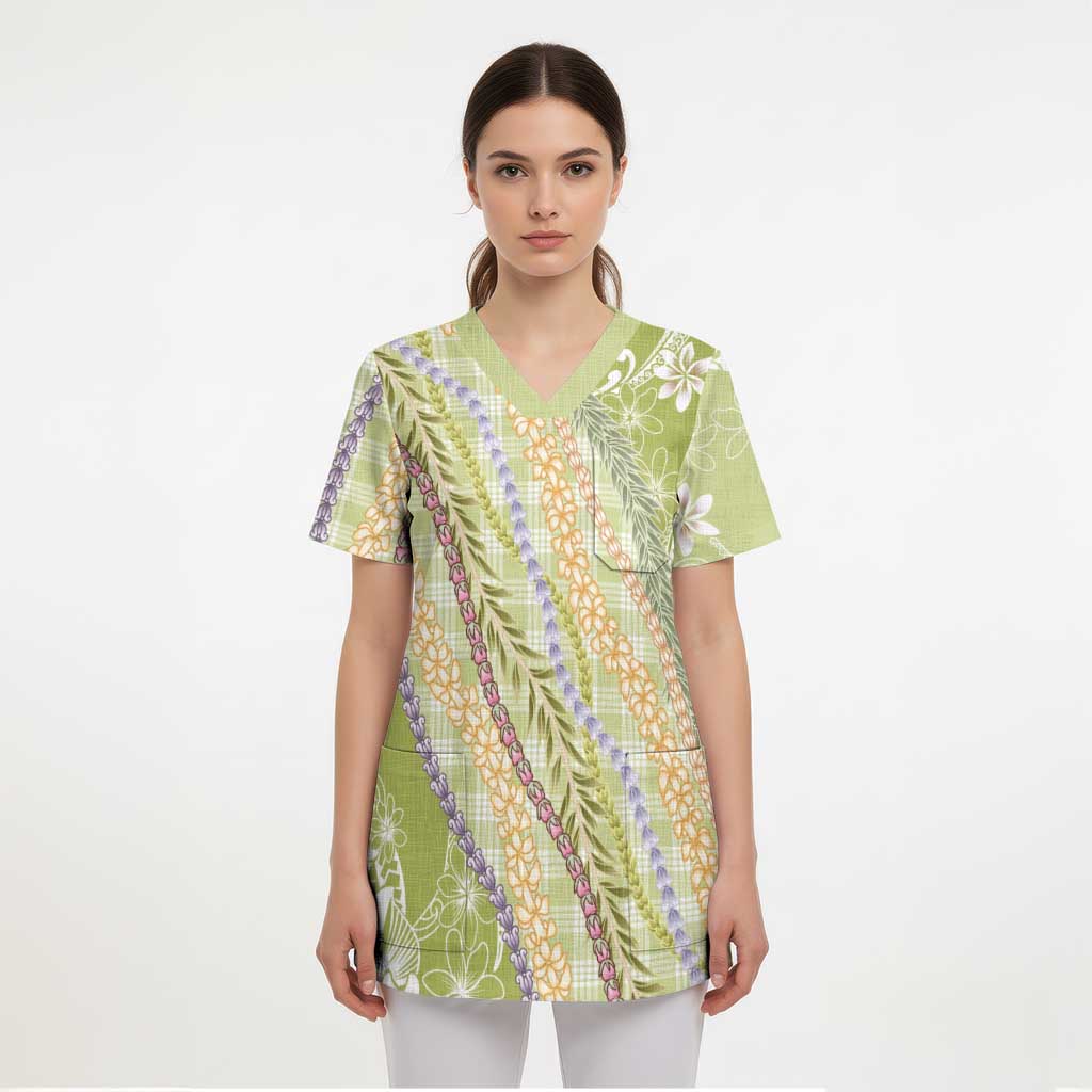 Green Palaka Hawaii Leis Scrub Top Hawaiian-plaid Elegant Tropical Vibes - Polynesian Pride