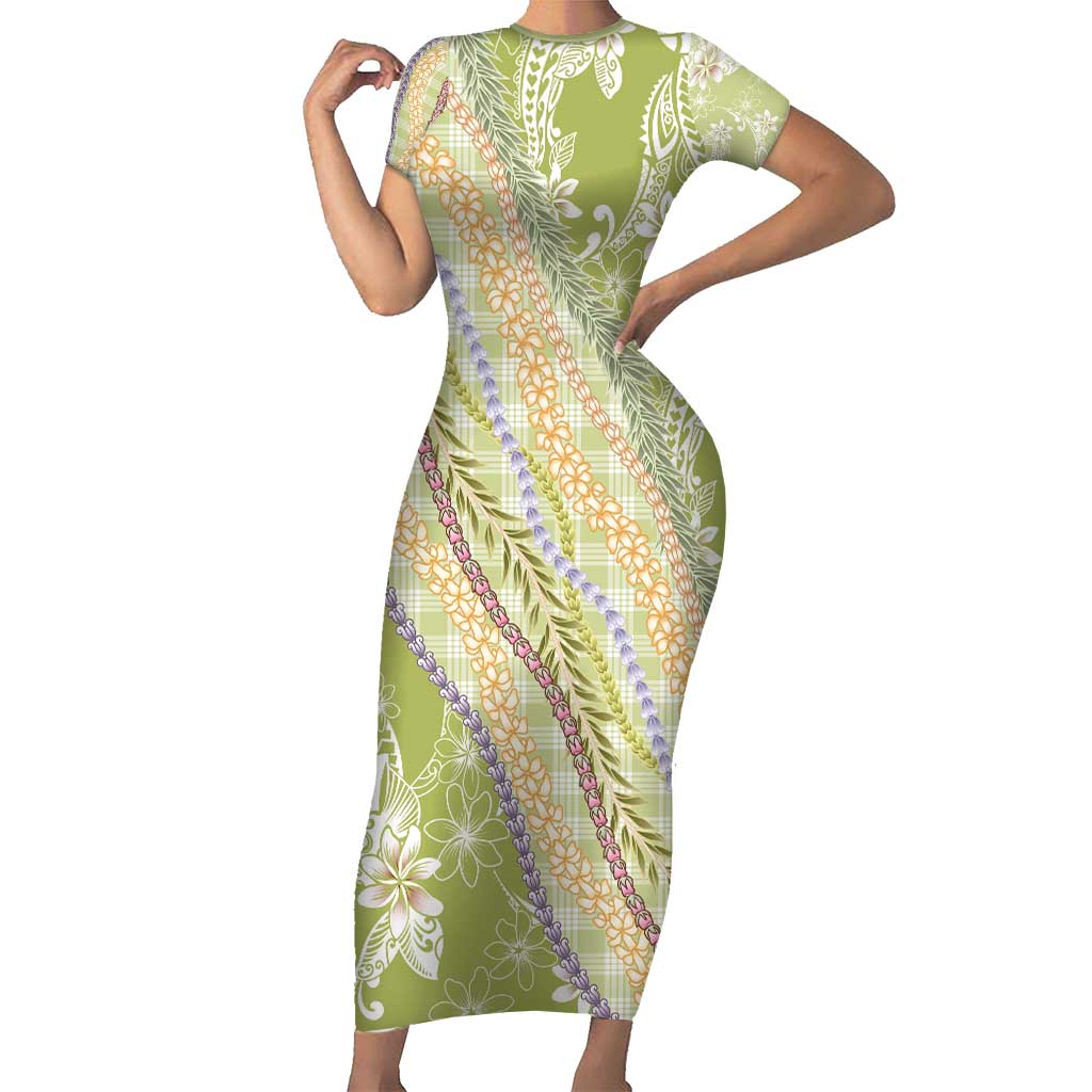 Green Palaka Hawaii Leis Short Sleeve Bodycon Dress Hawaiian-plaid Elegant Tropical Vibes - Polynesian Pride