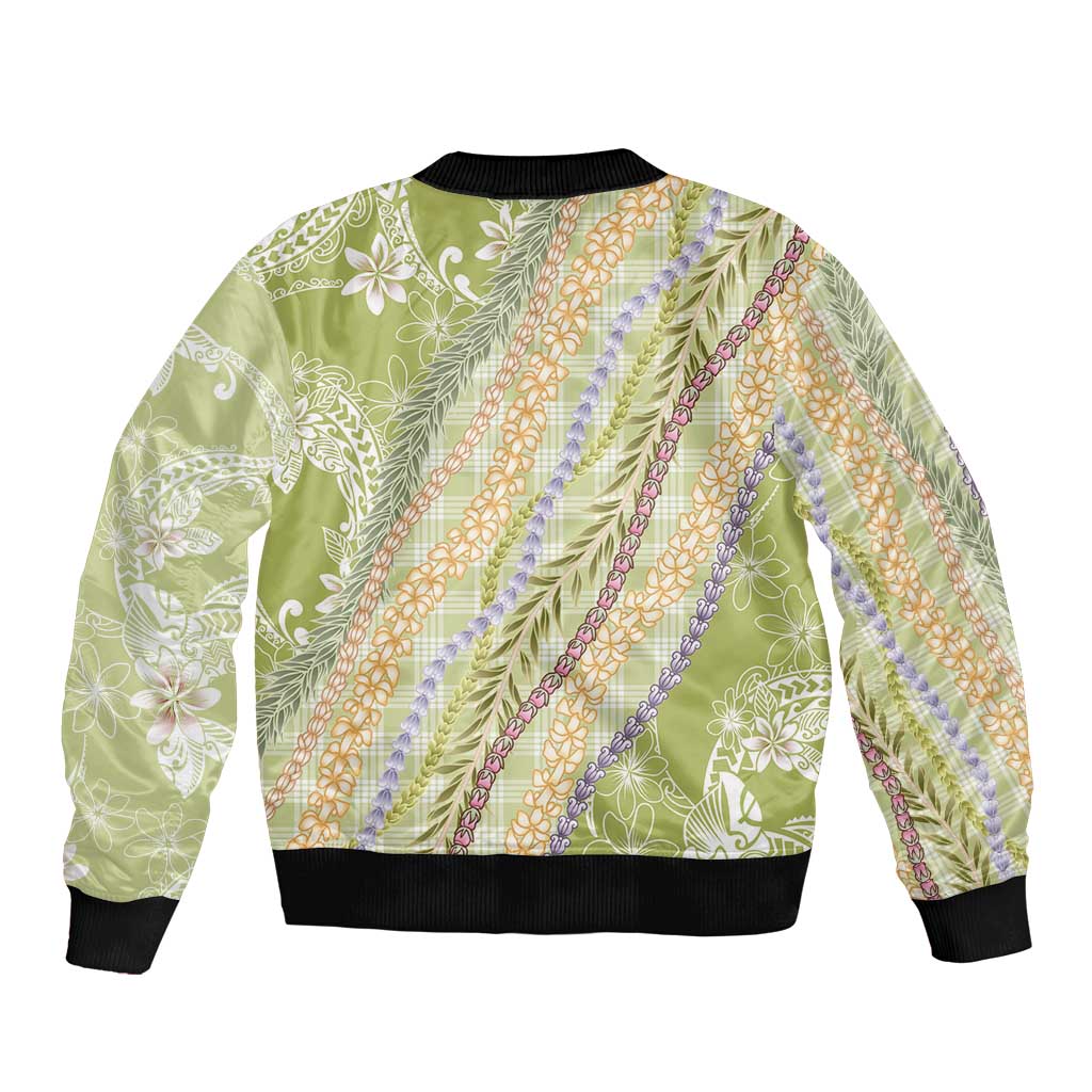 Green Palaka Hawaii Leis Sleeve Zip Bomber Jacket Hawaiian-plaid Elegant Tropical Vibes LT14 - Polynesian Pride
