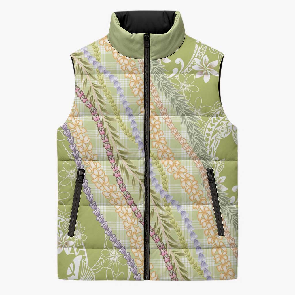 Green Palaka Hawaii Leis Sleeveless Puffer Jacket Hawaiian-plaid Elegant Tropical Vibes - Polynesian Pride