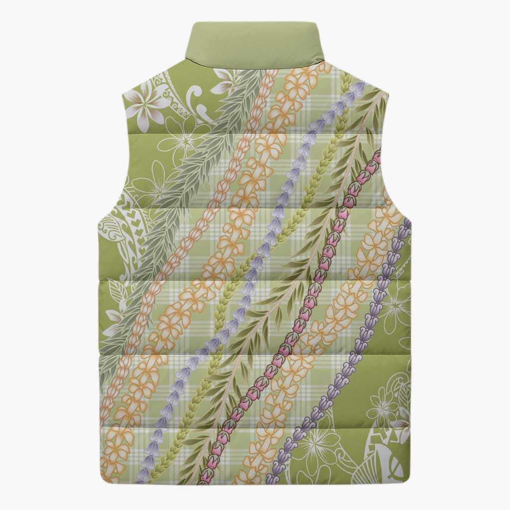 Green Palaka Hawaii Leis Sleeveless Puffer Jacket Hawaiian-plaid Elegant Tropical Vibes - Polynesian Pride