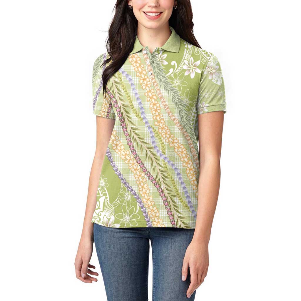 Green Palaka Hawaii Leis Women Polo Shirt Hawaiian-plaid Elegant Tropical Vibes - Polynesian Pride