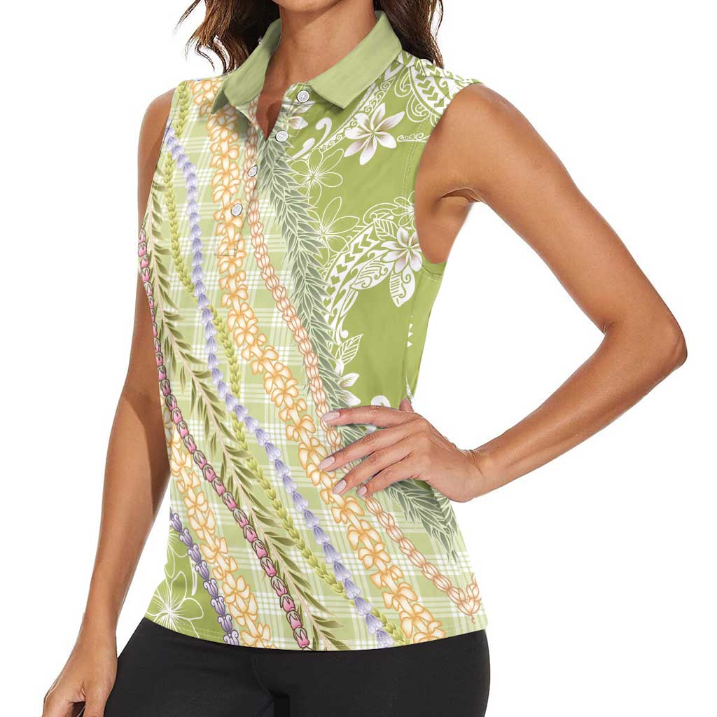 Green Palaka Hawaii Leis Women Sleeveless Polo Shirt Hawaiian-plaid Elegant Tropical Vibes - Polynesian Pride