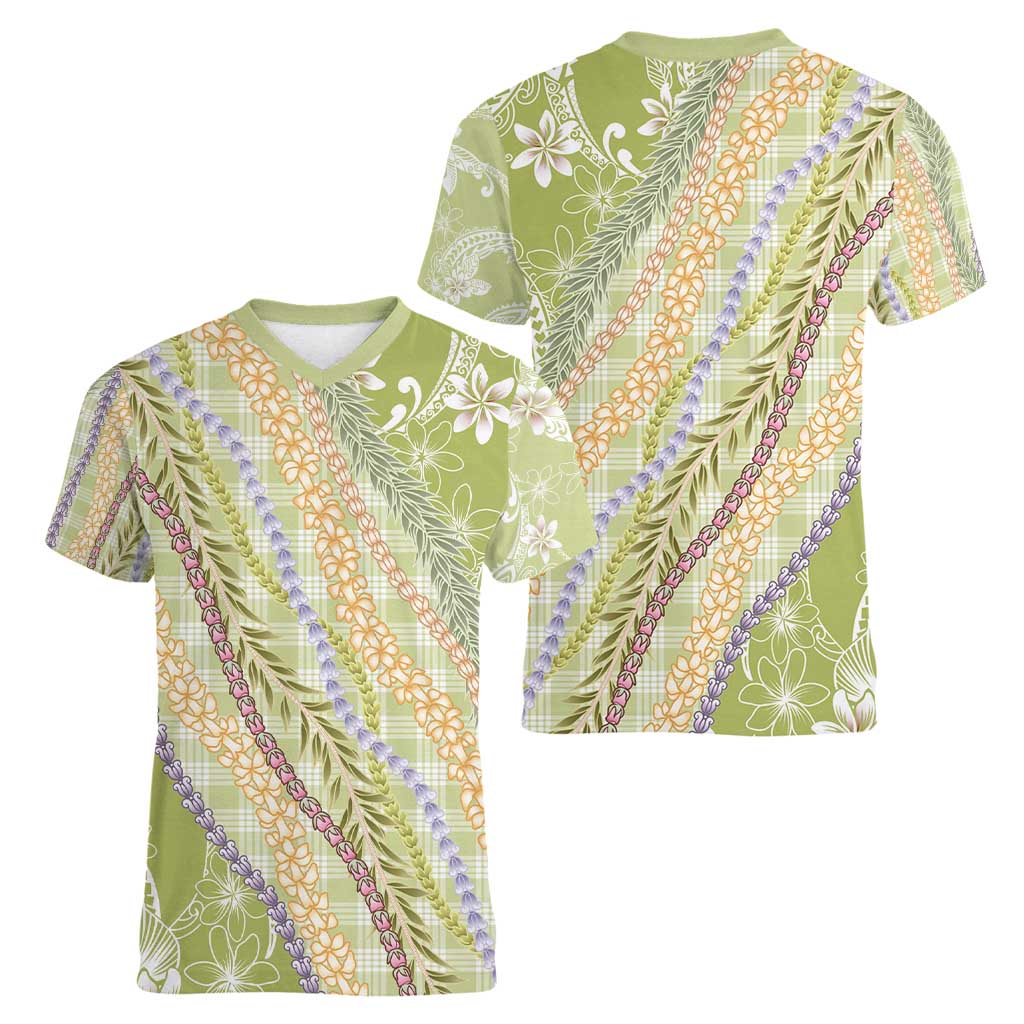 Green Palaka Hawaii Leis Women V-Neck T-Shirt Hawaiian-plaid Elegant Tropical Vibes - Polynesian Pride