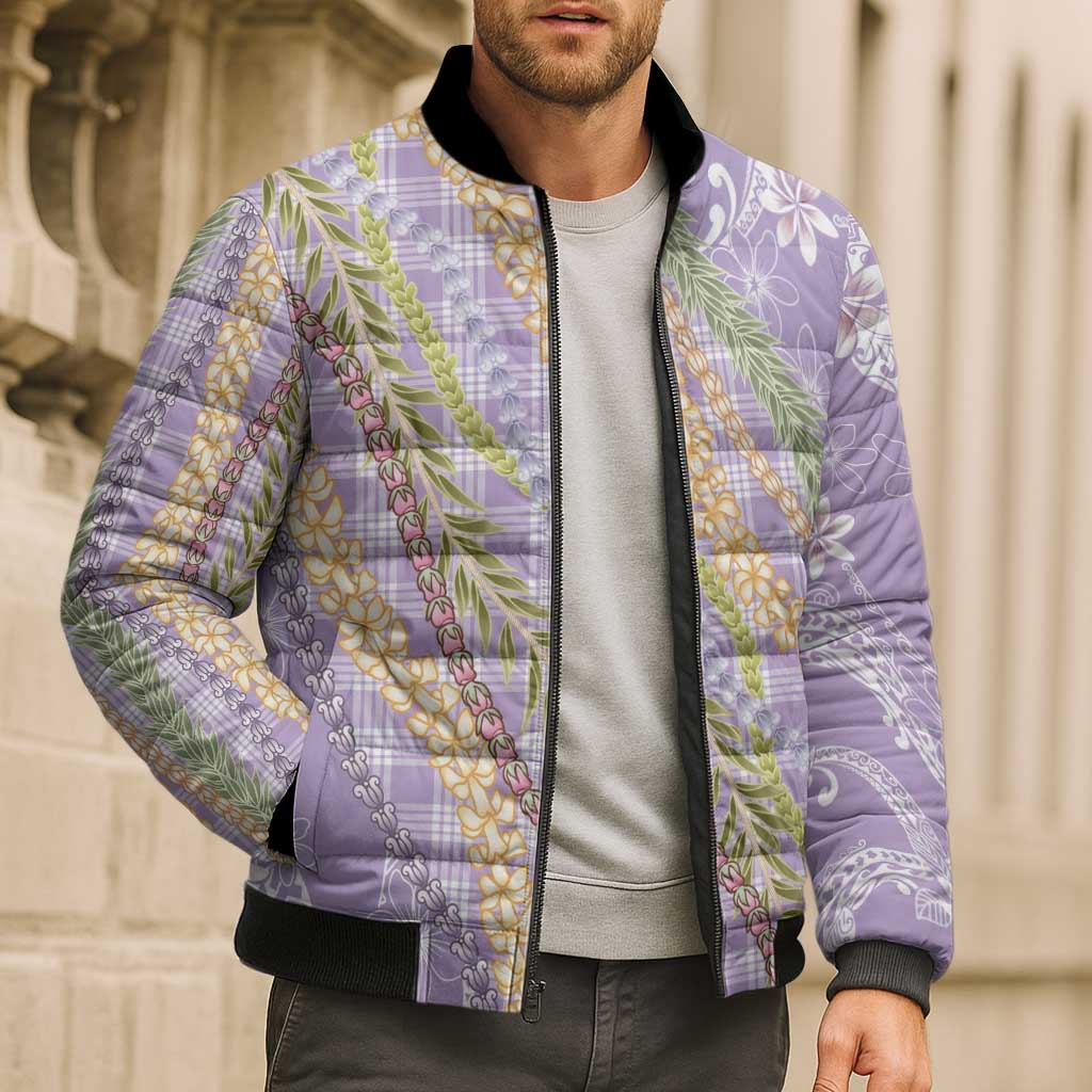 Purple Palaka Hawaii Leis Bomber Puffer Jacket Hawaiian-plaid Elegant Tropical Vibes - Polynesian Pride