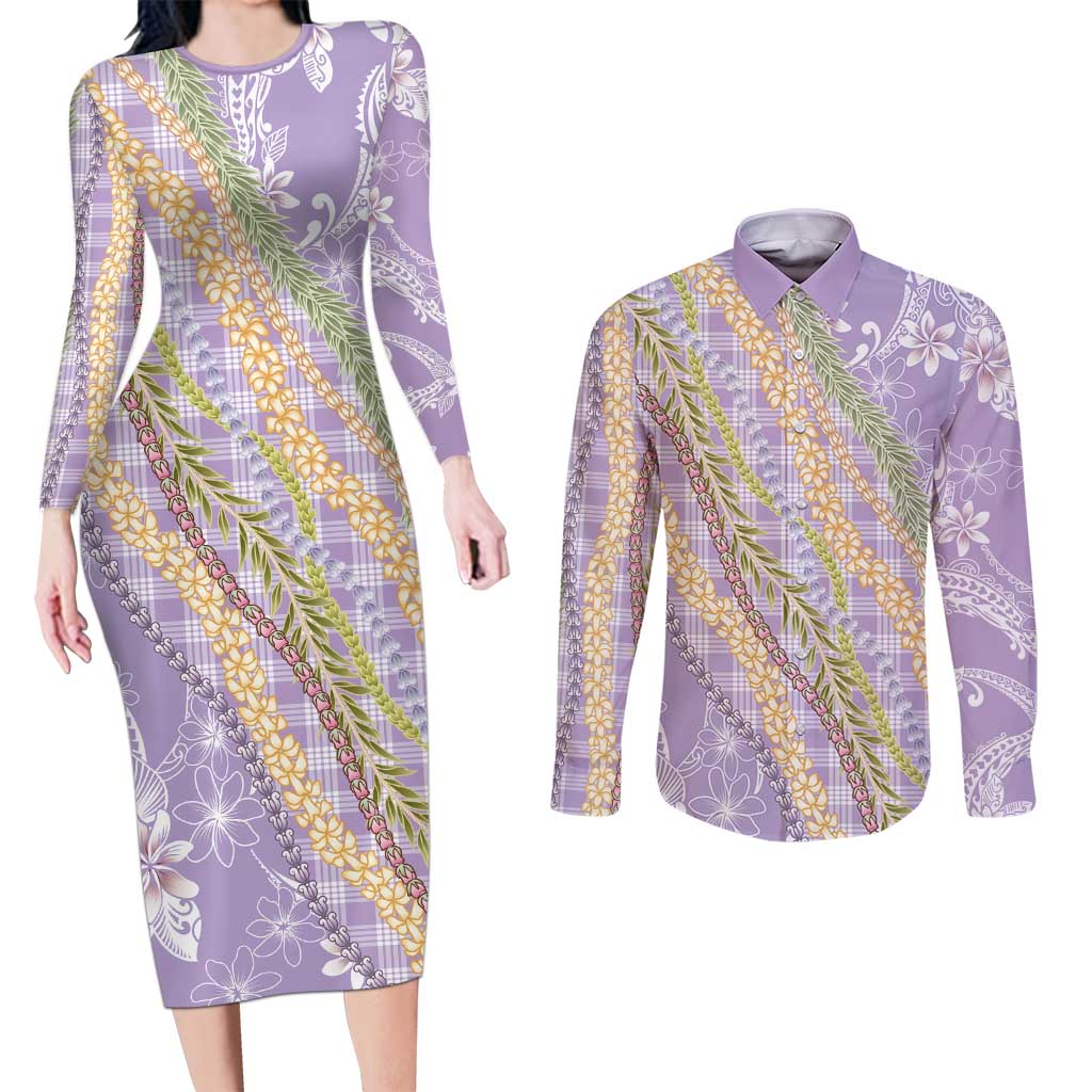 Purple Palaka Hawaii Leis Couples Matching Long Sleeve Bodycon Dress and Long Sleeve Button Shirt Hawaiian-plaid Elegant Tropical Vibes - Polynesian Pride