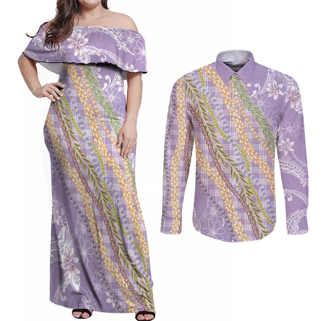 Purple Palaka Hawaii Leis Couples Matching Off Shoulder Maxi Dress and Long Sleeve Button Shirt Hawaiian-plaid Elegant Tropical Vibes - Polynesian Pride