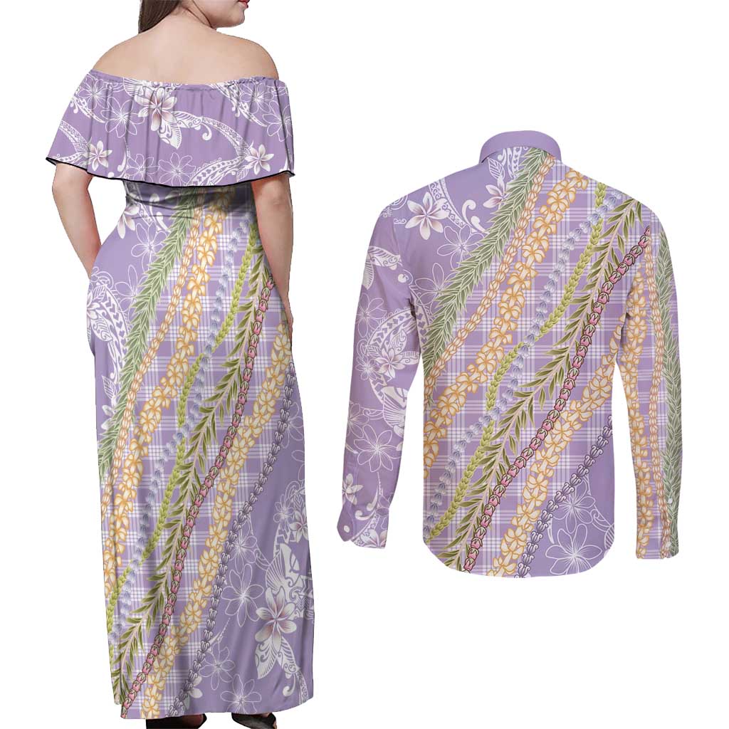 Purple Palaka Hawaii Leis Couples Matching Off Shoulder Maxi Dress and Long Sleeve Button Shirt Hawaiian-plaid Elegant Tropical Vibes - Polynesian Pride