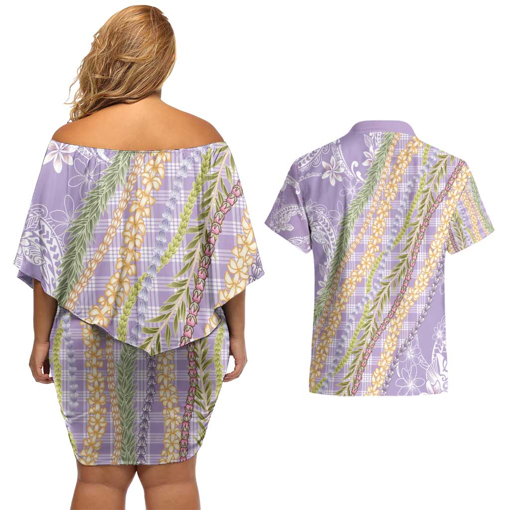 Purple Palaka Hawaii Leis Couples Matching Off Shoulder Short Dress and Hawaiian Shirt Hawaiian-plaid Elegant Tropical Vibes - Polynesian Pride