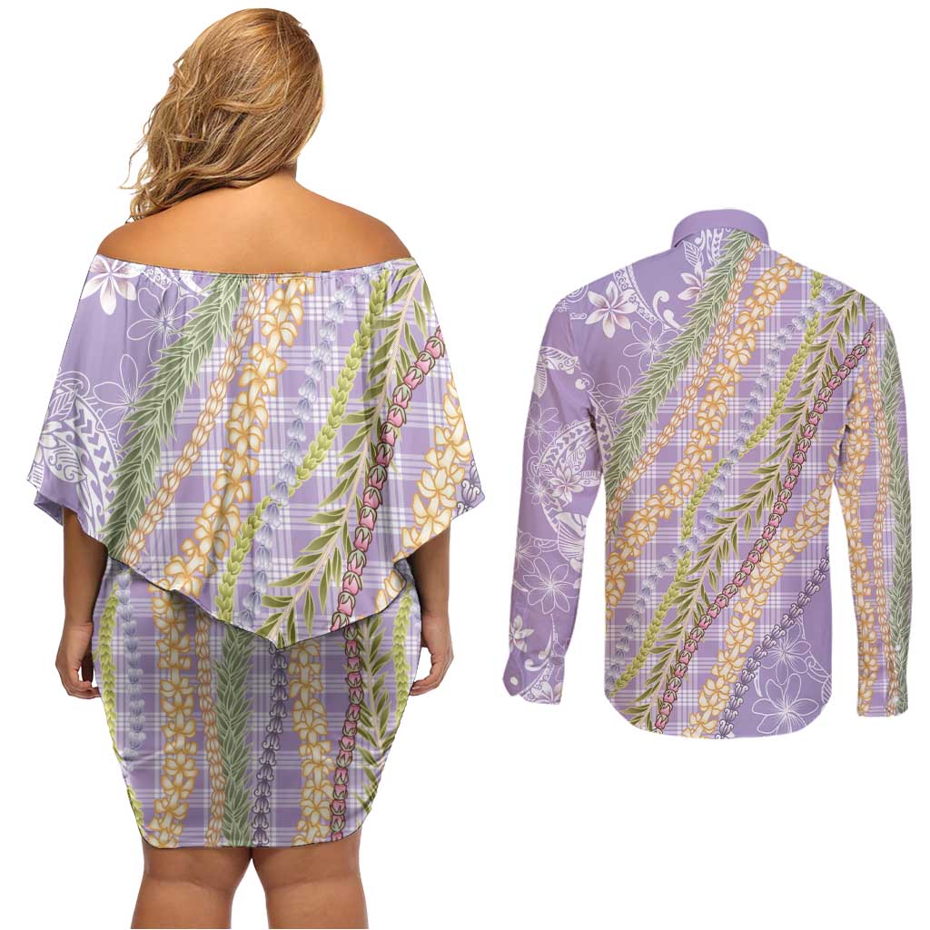 Purple Palaka Hawaii Leis Couples Matching Off Shoulder Short Dress and Long Sleeve Button Shirt Hawaiian-plaid Elegant Tropical Vibes - Polynesian Pride