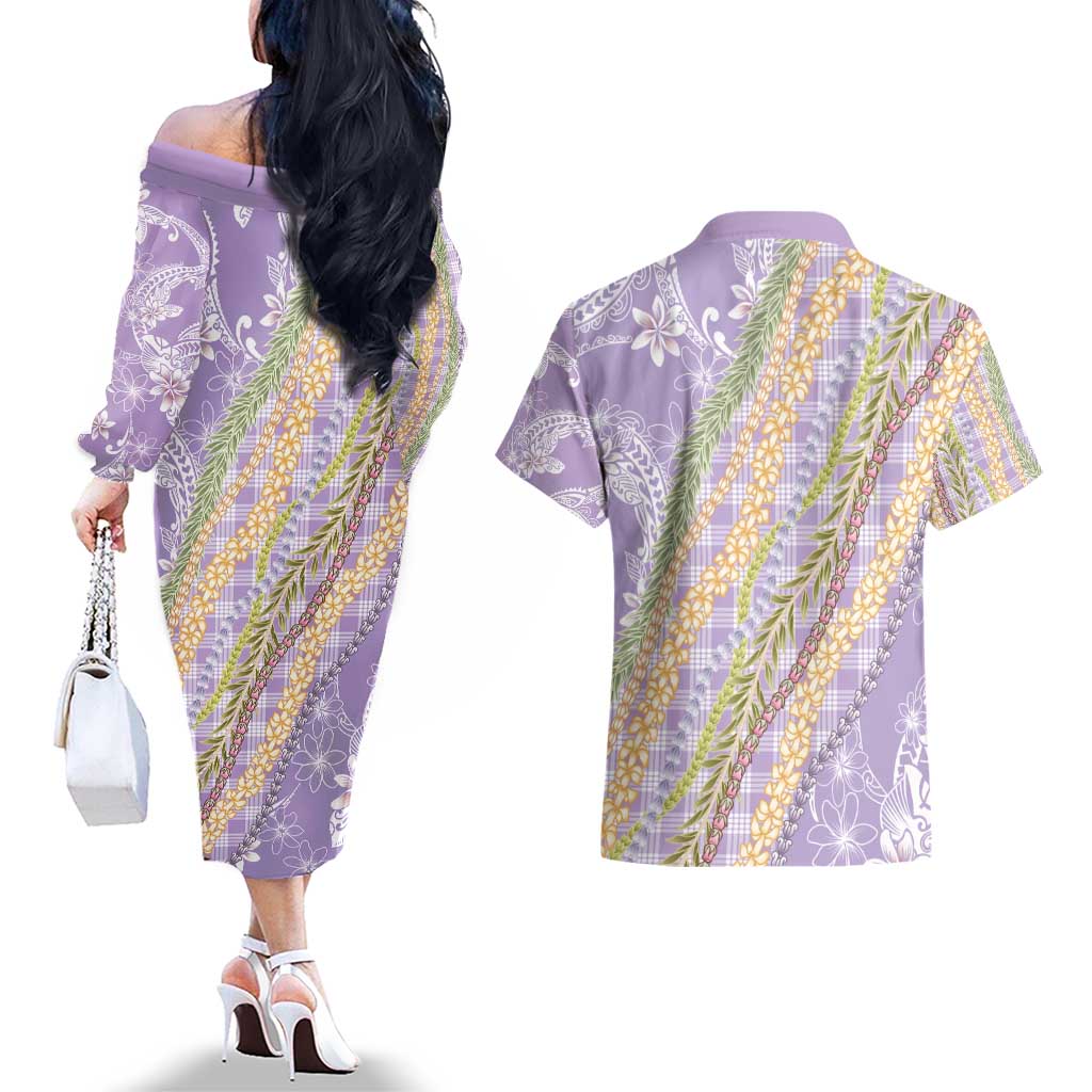 Purple Palaka Hawaii Leis Couples Matching Off The Shoulder Long Sleeve Dress and Hawaiian Shirt Hawaiian-plaid Elegant Tropical Vibes - Polynesian Pride