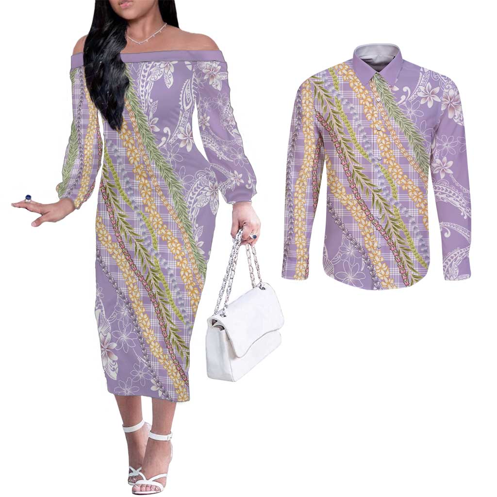 Purple Palaka Hawaii Leis Couples Matching Off The Shoulder Long Sleeve Dress and Long Sleeve Button Shirt Hawaiian-plaid Elegant Tropical Vibes - Polynesian Pride