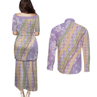 Purple Palaka Hawaii Leis Couples Matching Puletasi and Long Sleeve Button Shirt Hawaiian-plaid Elegant Tropical Vibes - Polynesian Pride