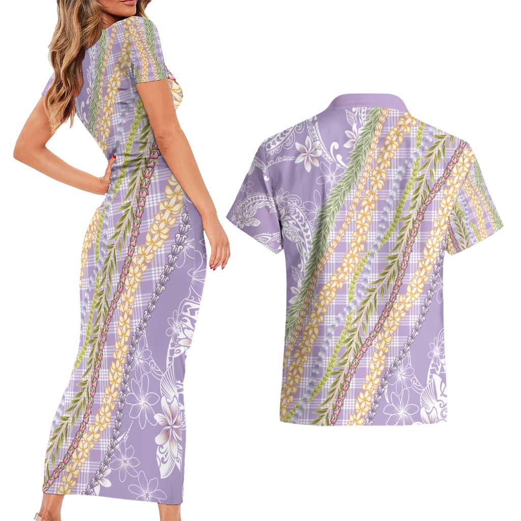 Purple Palaka Hawaii Leis Couples Matching Short Sleeve Bodycon Dress and Hawaiian Shirt Hawaiian-plaid Elegant Tropical Vibes - Polynesian Pride