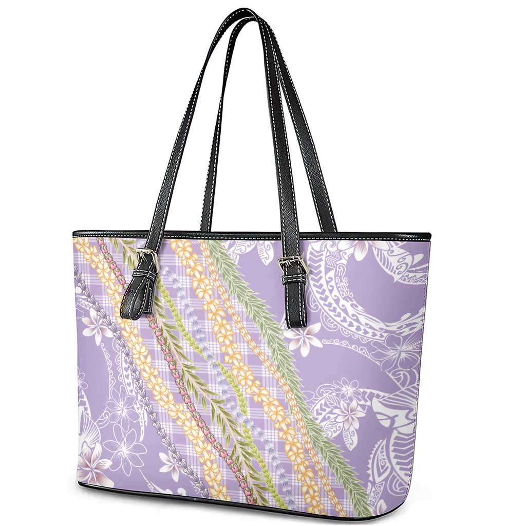 Purple Palaka Hawaii Leis Leather Tote Bag Hawaiian-plaid Elegant Tropical Vibes - Polynesian Pride