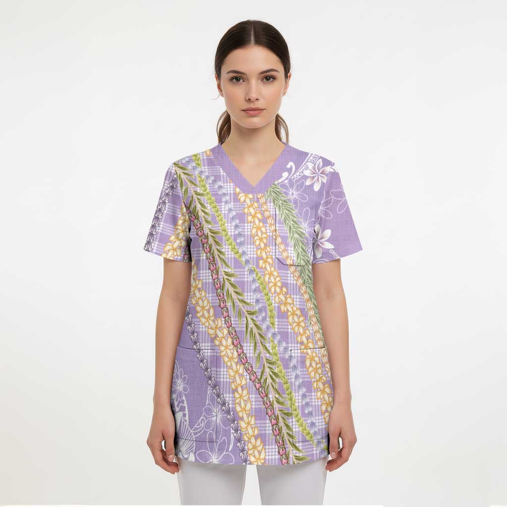 Purple Palaka Hawaii Leis Scrub Top Hawaiian-plaid Elegant Tropical Vibes - Polynesian Pride