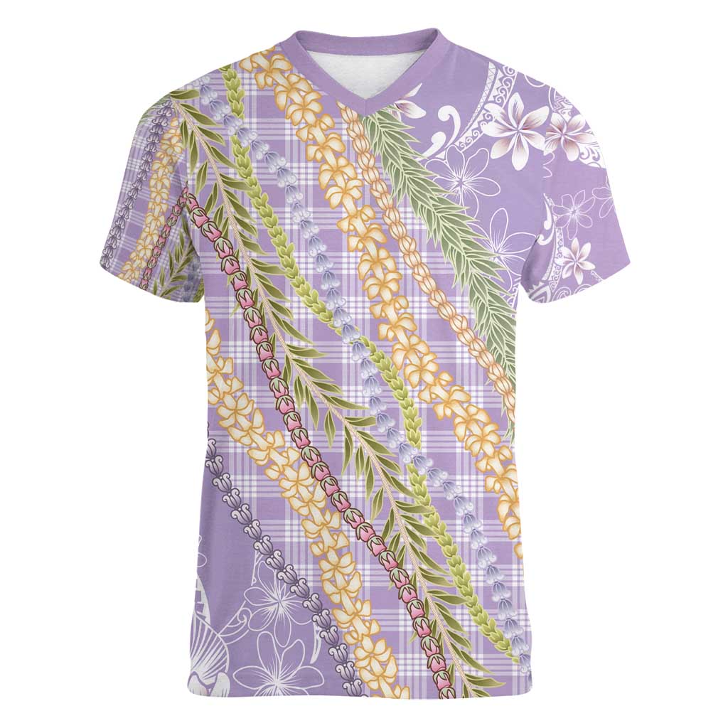 Purple Palaka Hawaii Leis Women V-Neck T-Shirt Hawaiian-plaid Elegant Tropical Vibes - Polynesian Pride