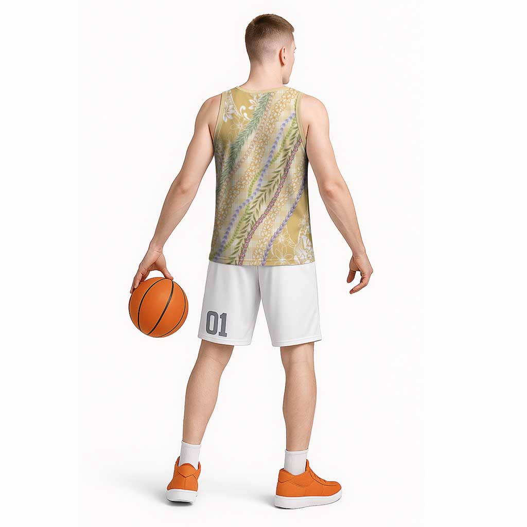 Yellow Palaka Hawaii Leis Basketball Jersey Hawaiian-plaid Elegant Tropical Vibes - Polynesian Pride