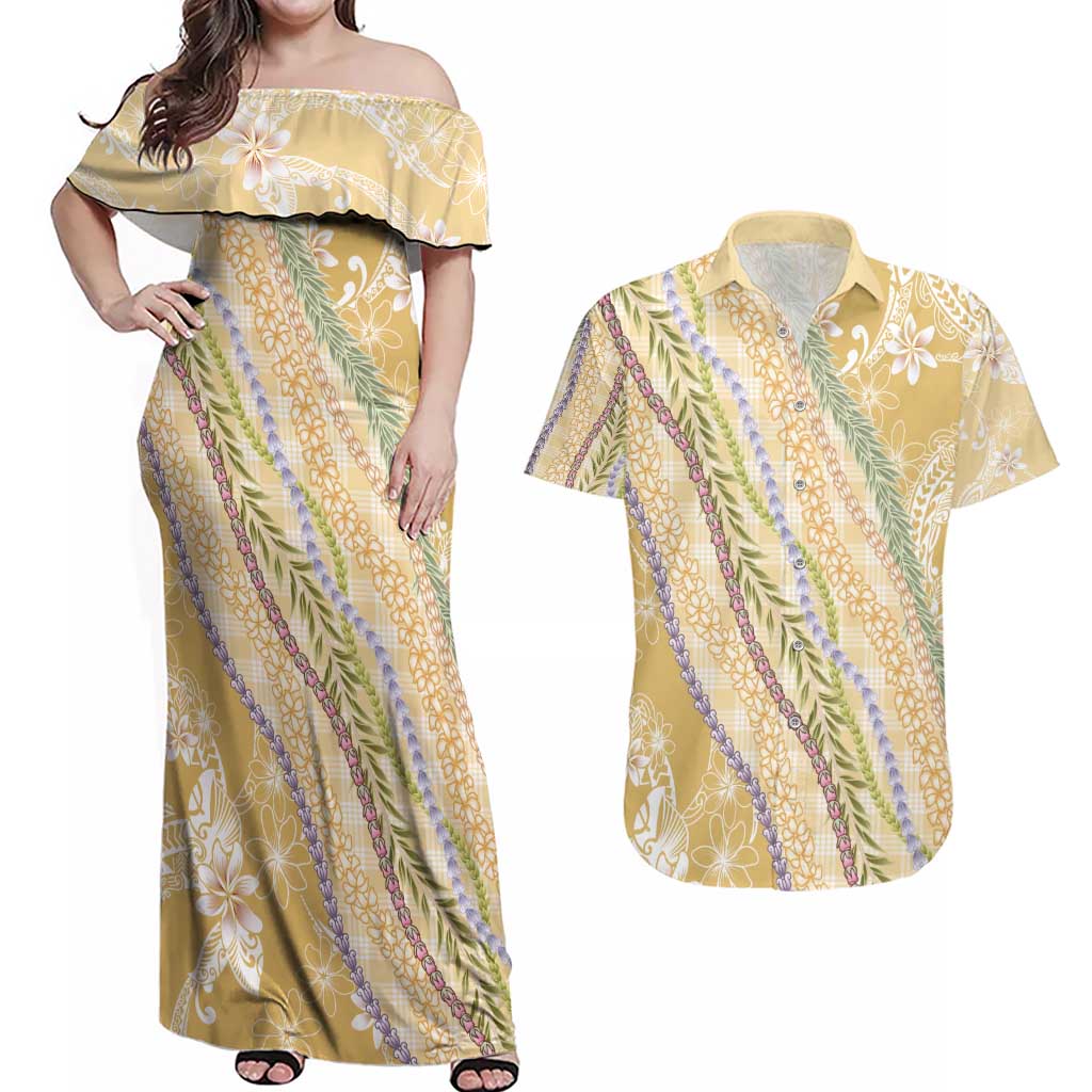 Yellow Palaka Hawaii Leis Couples Matching Off Shoulder Maxi Dress and Hawaiian Shirt Hawaiian-plaid Elegant Tropical Vibes - Polynesian Pride