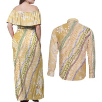 Yellow Palaka Hawaii Leis Couples Matching Off Shoulder Maxi Dress and Long Sleeve Button Shirt Hawaiian-plaid Elegant Tropical Vibes - Polynesian Pride