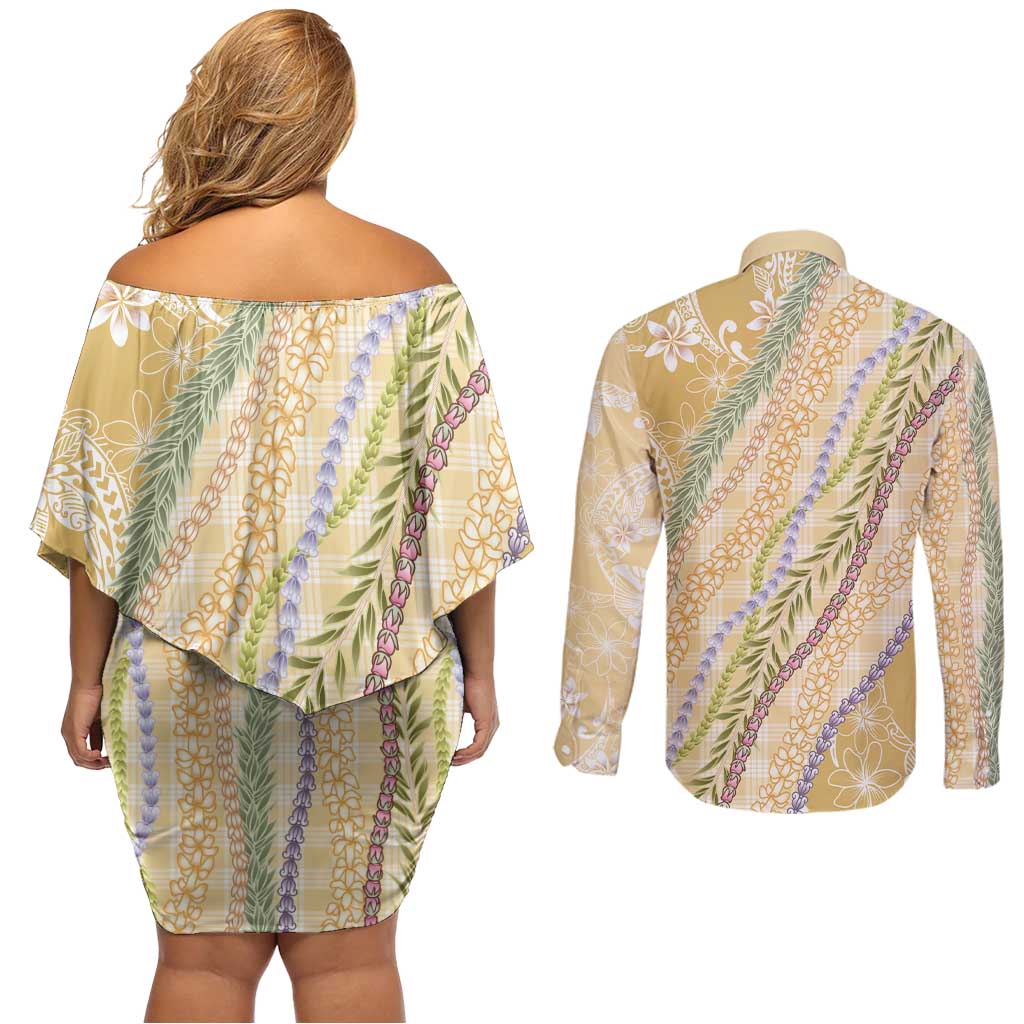 Yellow Palaka Hawaii Leis Couples Matching Off Shoulder Short Dress and Long Sleeve Button Shirt Hawaiian-plaid Elegant Tropical Vibes - Polynesian Pride