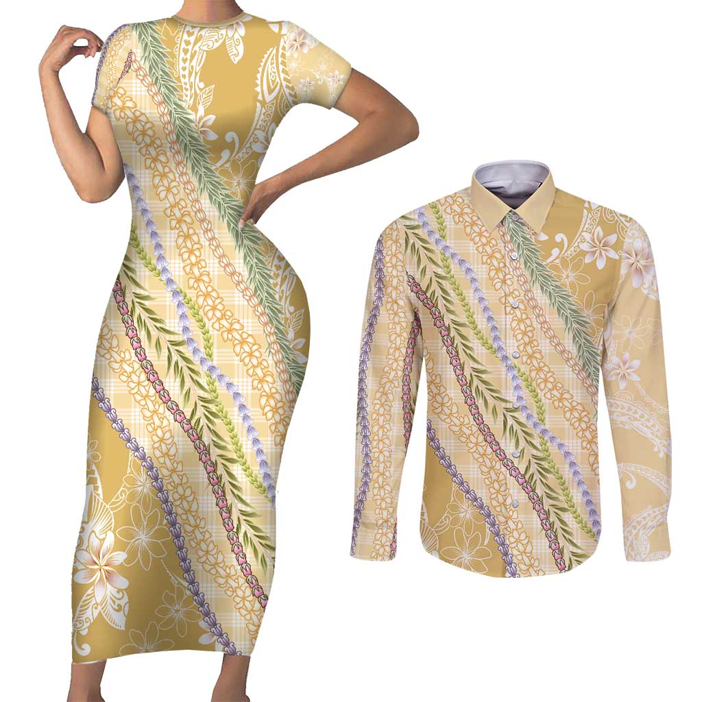 Yellow Palaka Hawaii Leis Couples Matching Short Sleeve Bodycon Dress and Long Sleeve Button Shirt Hawaiian-plaid Elegant Tropical Vibes - Polynesian Pride