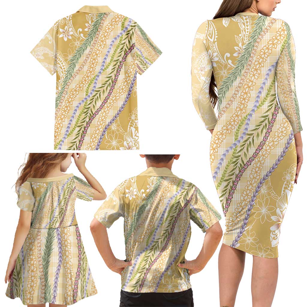 Yellow Palaka Hawaii Leis Family Matching Long Sleeve Bodycon Dress and Hawaiian Shirt Hawaiian-plaid Elegant Tropical Vibes - Polynesian Pride