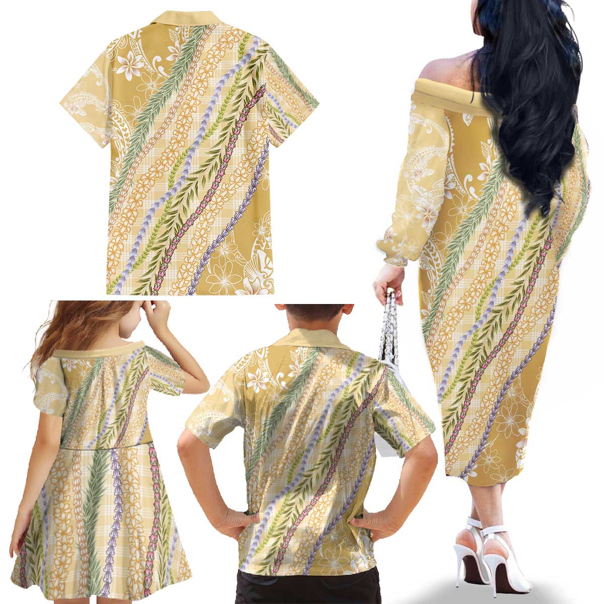 Yellow Palaka Hawaii Leis Family Matching Off The Shoulder Long Sleeve Dress and Hawaiian Shirt Hawaiian-plaid Elegant Tropical Vibes - Polynesian Pride