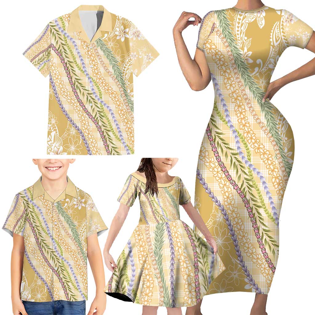 Yellow Palaka Hawaii Leis Family Matching Short Sleeve Bodycon Dress and Hawaiian Shirt Hawaiian-plaid Elegant Tropical Vibes - Polynesian Pride