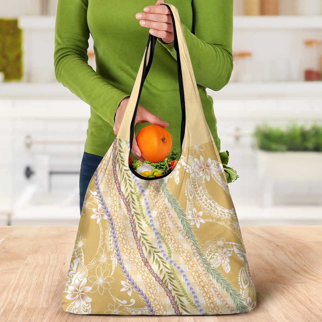 Yellow Palaka Hawaii Leis Grocery Bag Hawaiian-plaid Elegant Tropical Vibes - Polynesian Pride