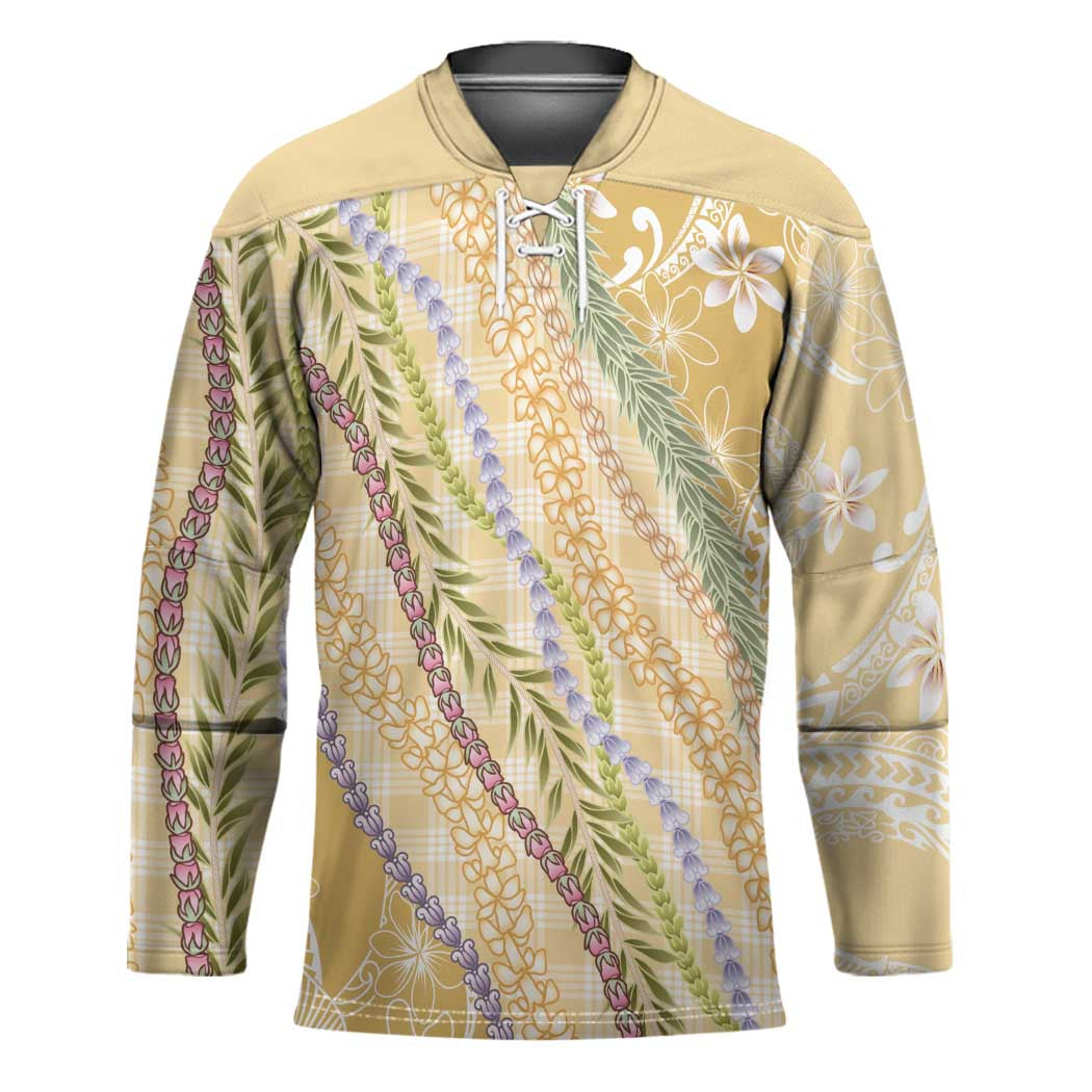 Yellow Palaka Hawaii Leis Hockey Jersey Hawaiian-plaid Elegant Tropical Vibes - Polynesian Pride