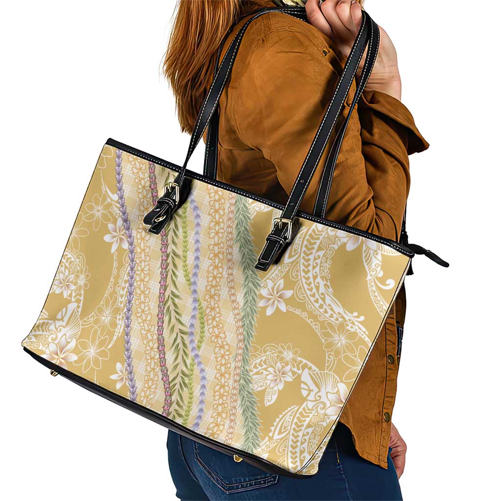 Yellow Palaka Hawaii Leis Leather Tote Bag Hawaiian-plaid Elegant Tropical Vibes - Polynesian Pride