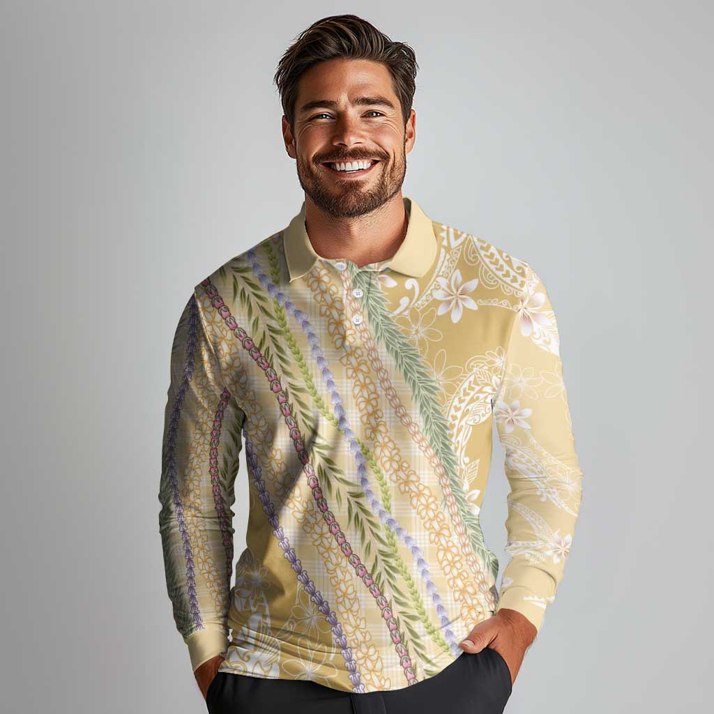 Yellow Palaka Hawaii Leis Long Sleeve Polo Shirt Hawaiian-plaid Elegant Tropical Vibes - Polynesian Pride