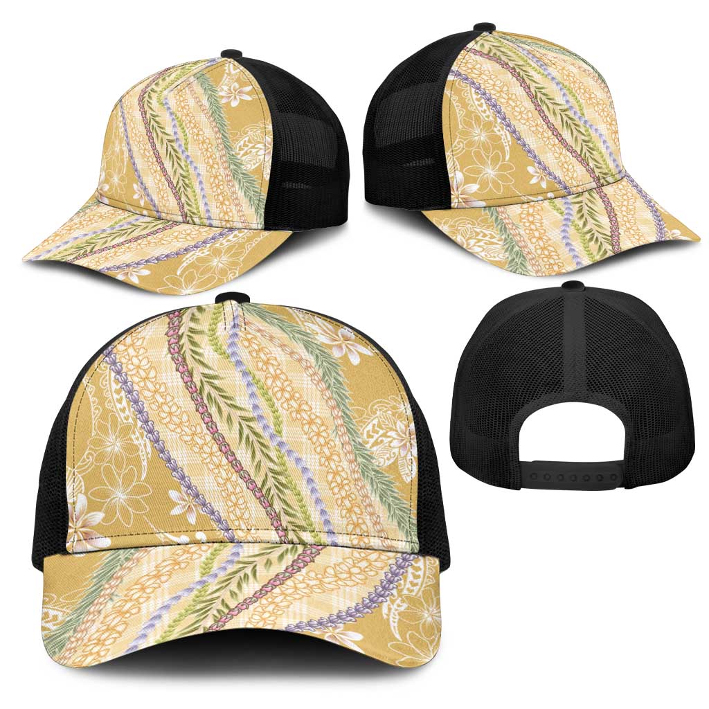 Yellow Palaka Hawaii Leis Mesh Trucker Cap Hawaiian-plaid Elegant Tropical Vibes - Polynesian Pride