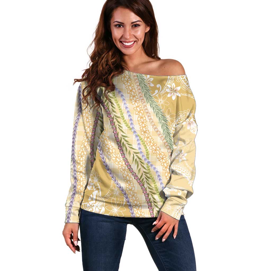Yellow Palaka Hawaii Leis Off Shoulder Sweater Hawaiian-plaid Elegant Tropical Vibes - Polynesian Pride