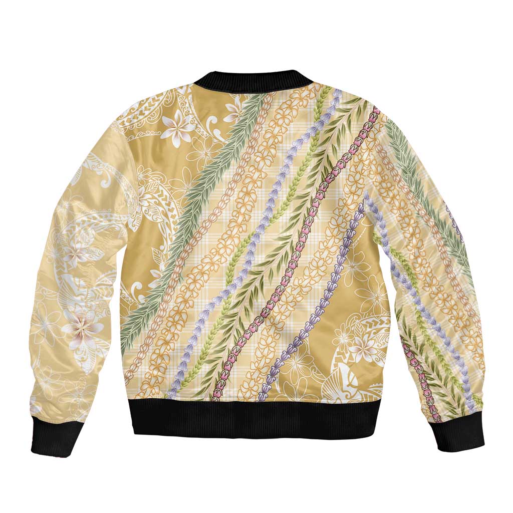 Yellow Palaka Hawaii Leis Sleeve Zip Bomber Jacket Hawaiian-plaid Elegant Tropical Vibes - Polynesian Pride