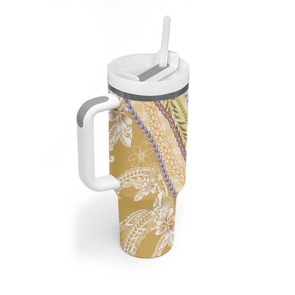 Yellow Palaka Hawaii Leis Tumbler With Handle Hawaiian-plaid Elegant Tropical Vibes - Polynesian Pride