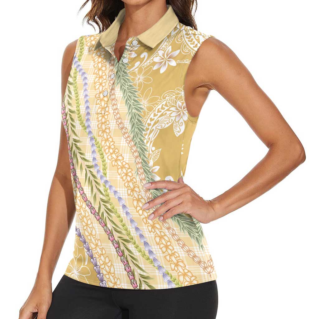 Yellow Palaka Hawaii Leis Women Sleeveless Polo Shirt Hawaiian-plaid Elegant Tropical Vibes - Polynesian Pride