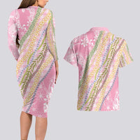 Pink Palaka Hawaii Leis Couples Matching Long Sleeve Bodycon Dress and Hawaiian Shirt Hawaiian-plaid Elegant Tropical Vibes - Polynesian Pride