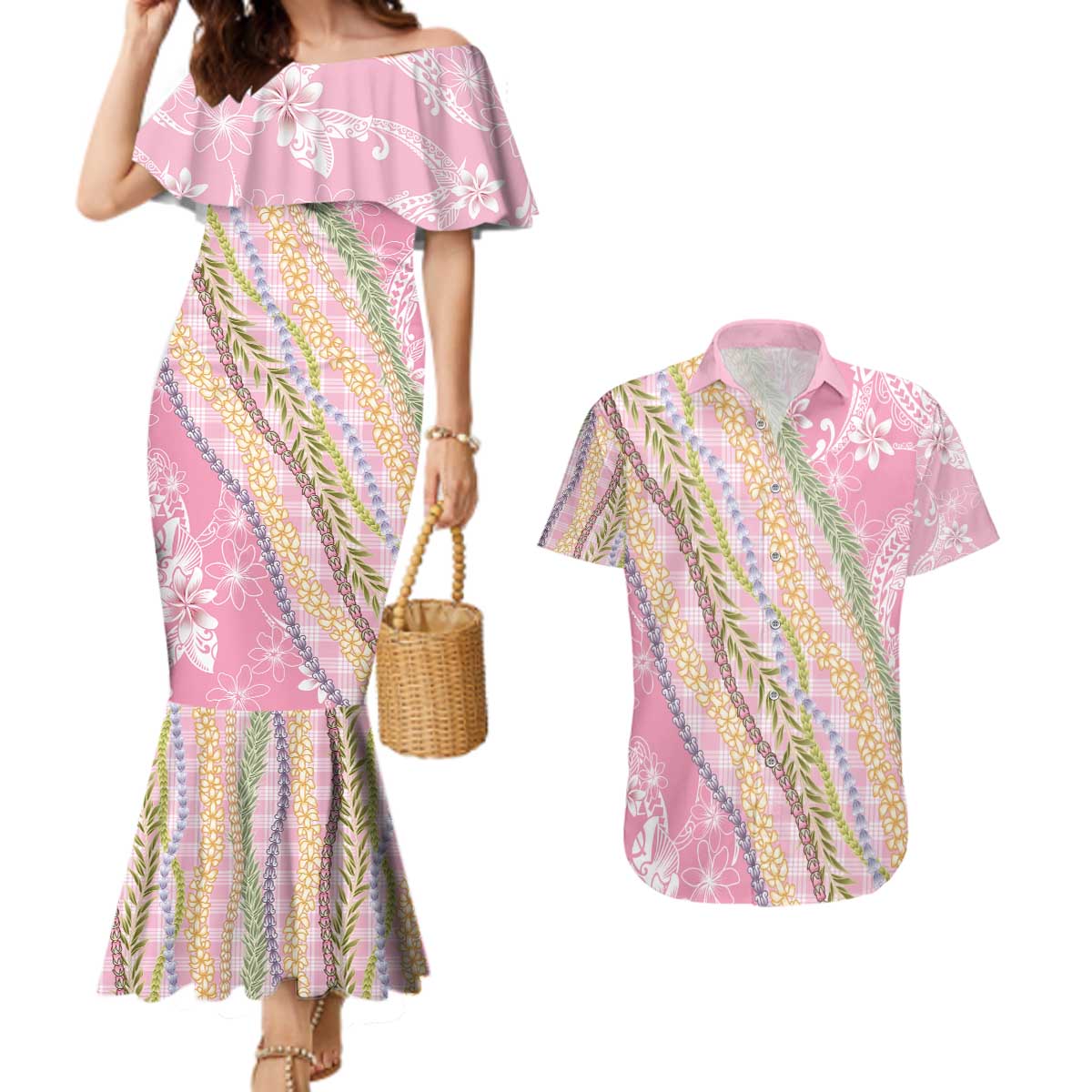 Pink Palaka Hawaii Leis Couples Matching Mermaid Dress and Hawaiian Shirt Hawaiian-plaid Elegant Tropical Vibes - Polynesian Pride