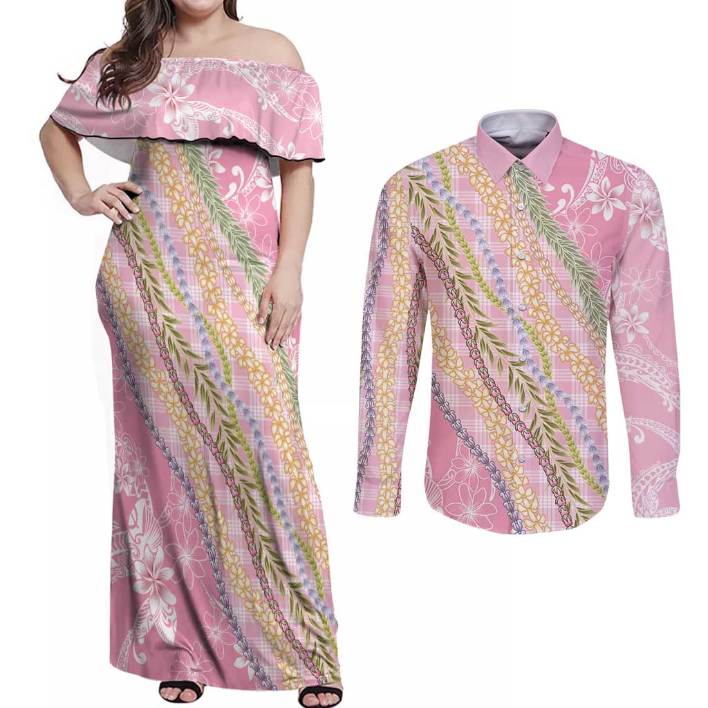 Pink Palaka Hawaii Leis Couples Matching Off Shoulder Maxi Dress and Long Sleeve Button Shirt Hawaiian-plaid Elegant Tropical Vibes - Polynesian Pride