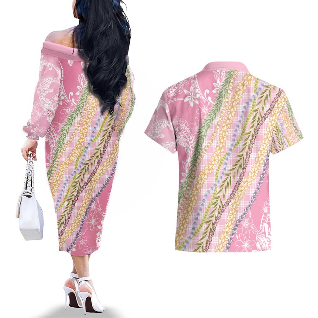 Pink Palaka Hawaii Leis Couples Matching Off The Shoulder Long Sleeve Dress and Hawaiian Shirt Hawaiian-plaid Elegant Tropical Vibes - Polynesian Pride