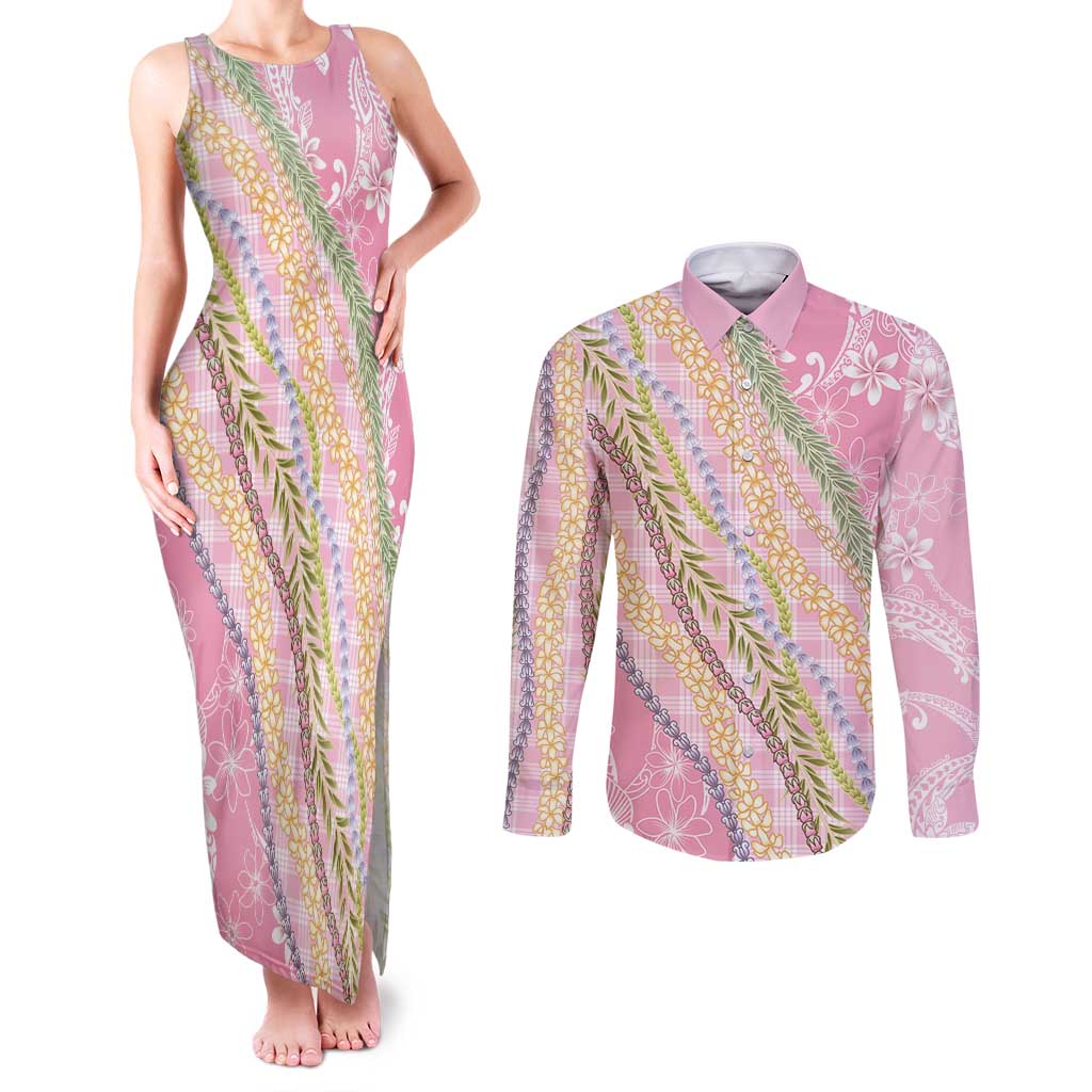 Pink Palaka Hawaii Leis Couples Matching Tank Maxi Dress and Long Sleeve Button Shirt Hawaiian-plaid Elegant Tropical Vibes - Polynesian Pride