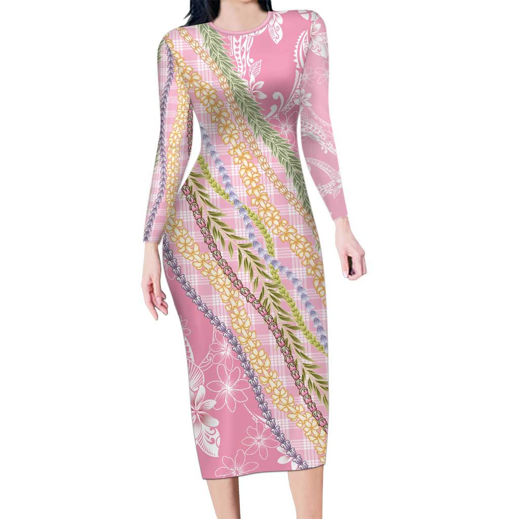 Pink Palaka Hawaii Leis Family Matching Long Sleeve Bodycon Dress and Hawaiian Shirt Hawaiian-plaid Elegant Tropical Vibes - Polynesian Pride